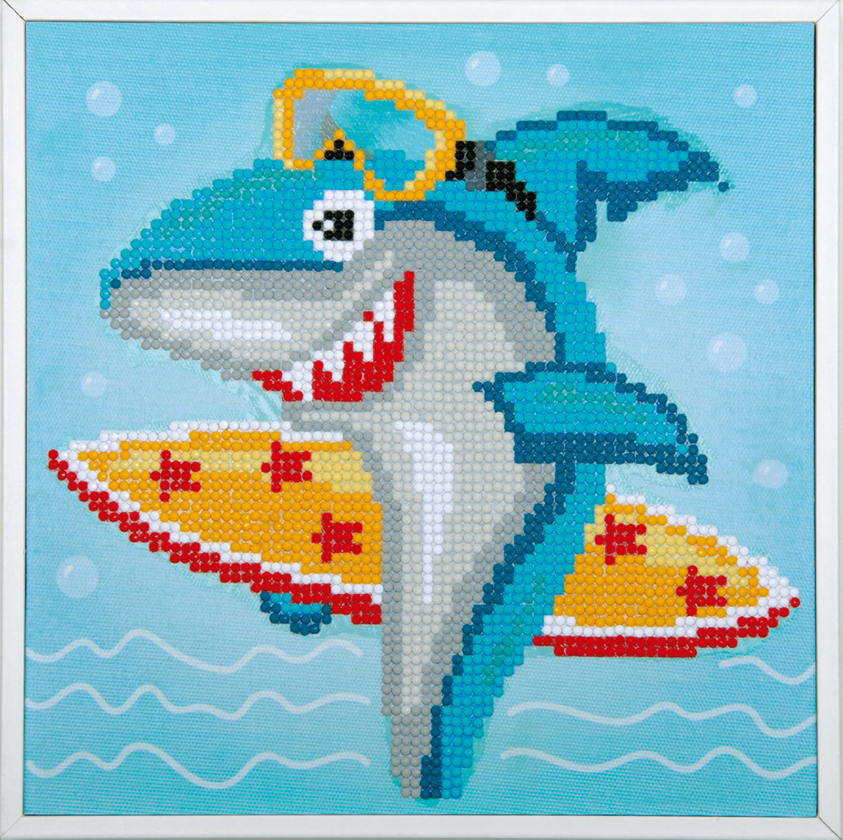 Diamond painting of a shark on a surfboard