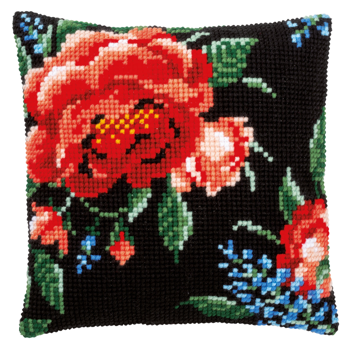 Cross stitch cushion with a single rose design