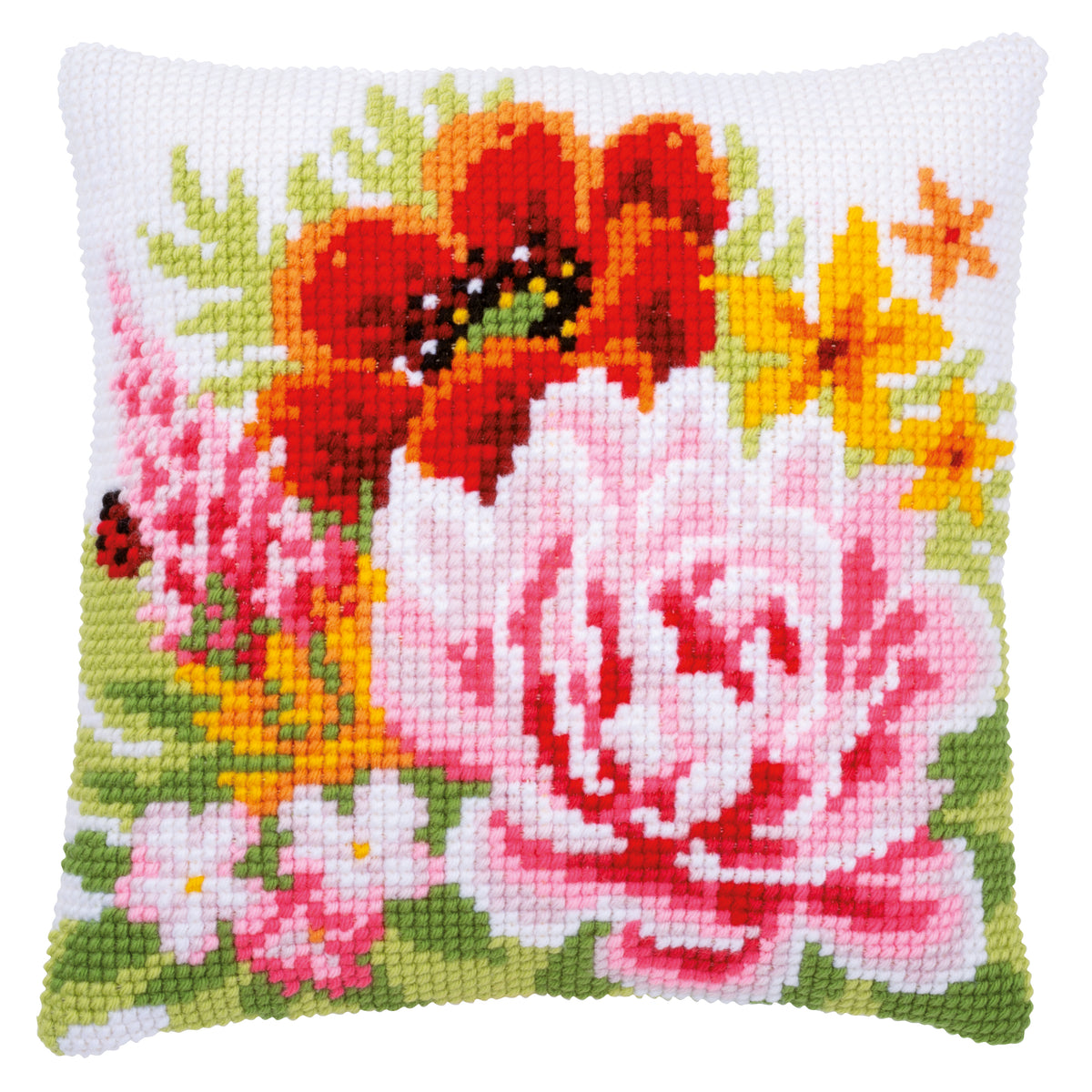 Cross stitch cushion with a colourful flowers design