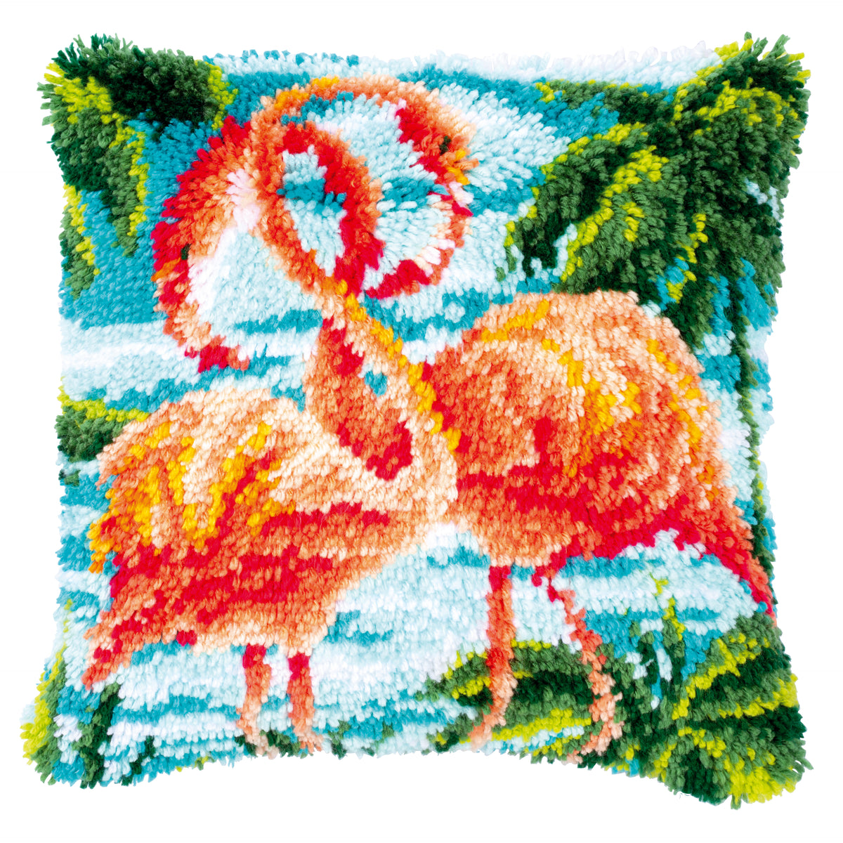 Latch hook cushion with a flamingos design