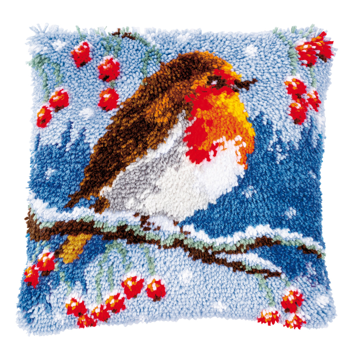 Latch hook cushion with a red robin in winter design