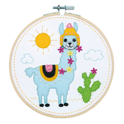 Felt llama picture in a round hoop frame