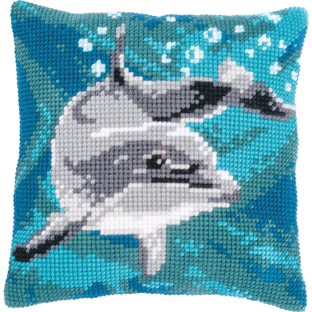 Cross stitch cushion with a dolphin design