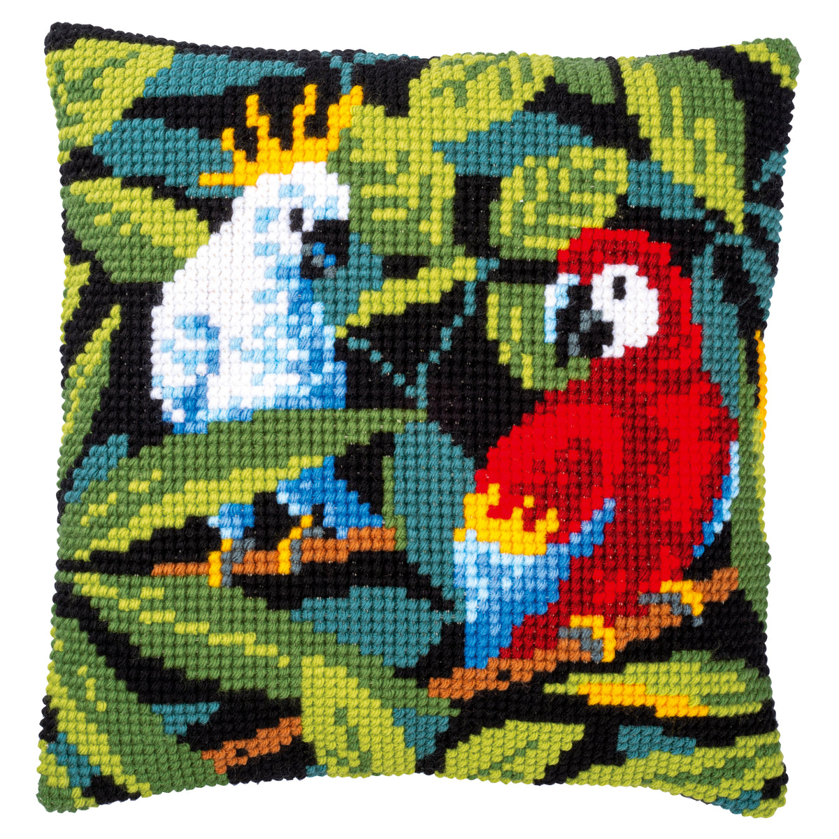 Cross stitch cushion with a tropical birds design