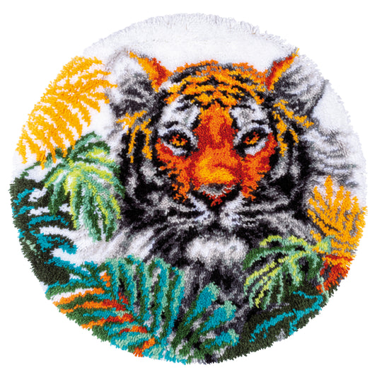 Shaped latch hook rug with a tiger with jungle leaves design