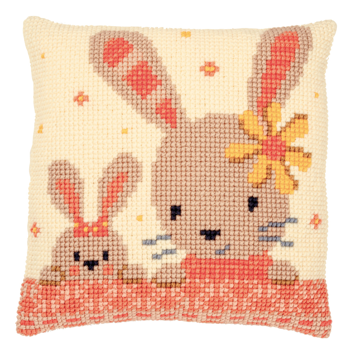 Cross stitch cushion with a sweet bunnies design