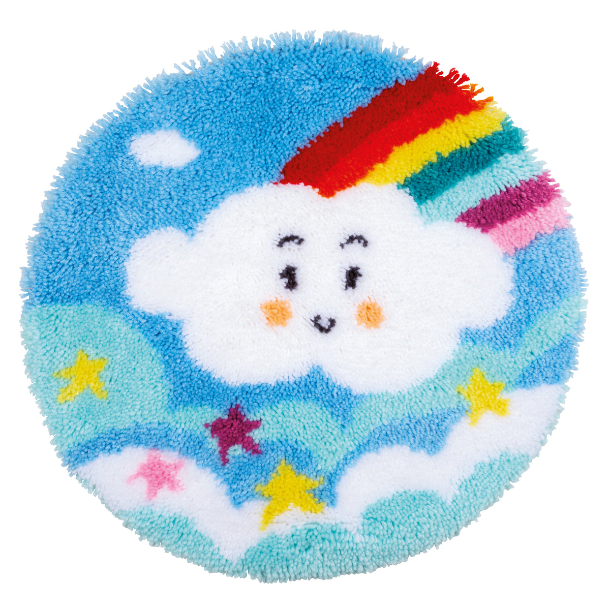 Shaped latch hook rug with a little rainbow cloud design