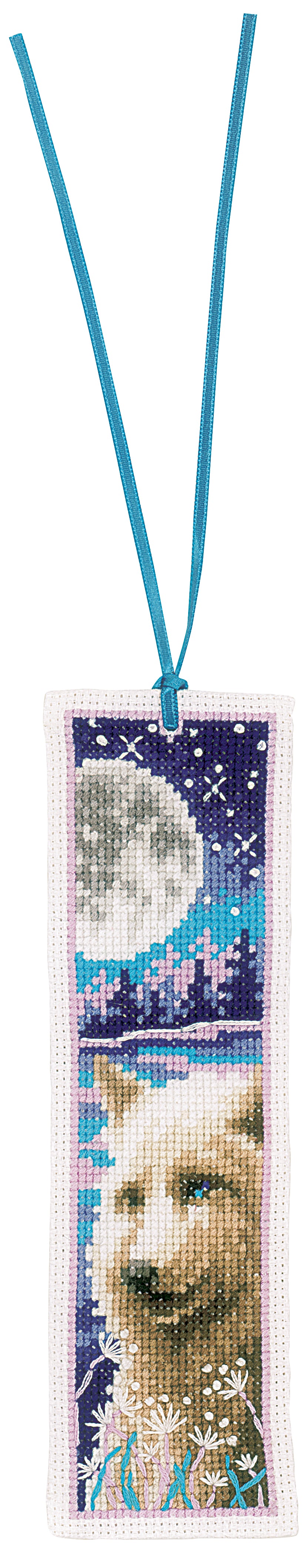 Two cross stitched bookmarks with a wolf and deer with moon design