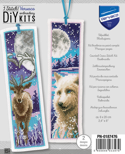 Two cross stitched bookmarks with a wolf and deer with moon design