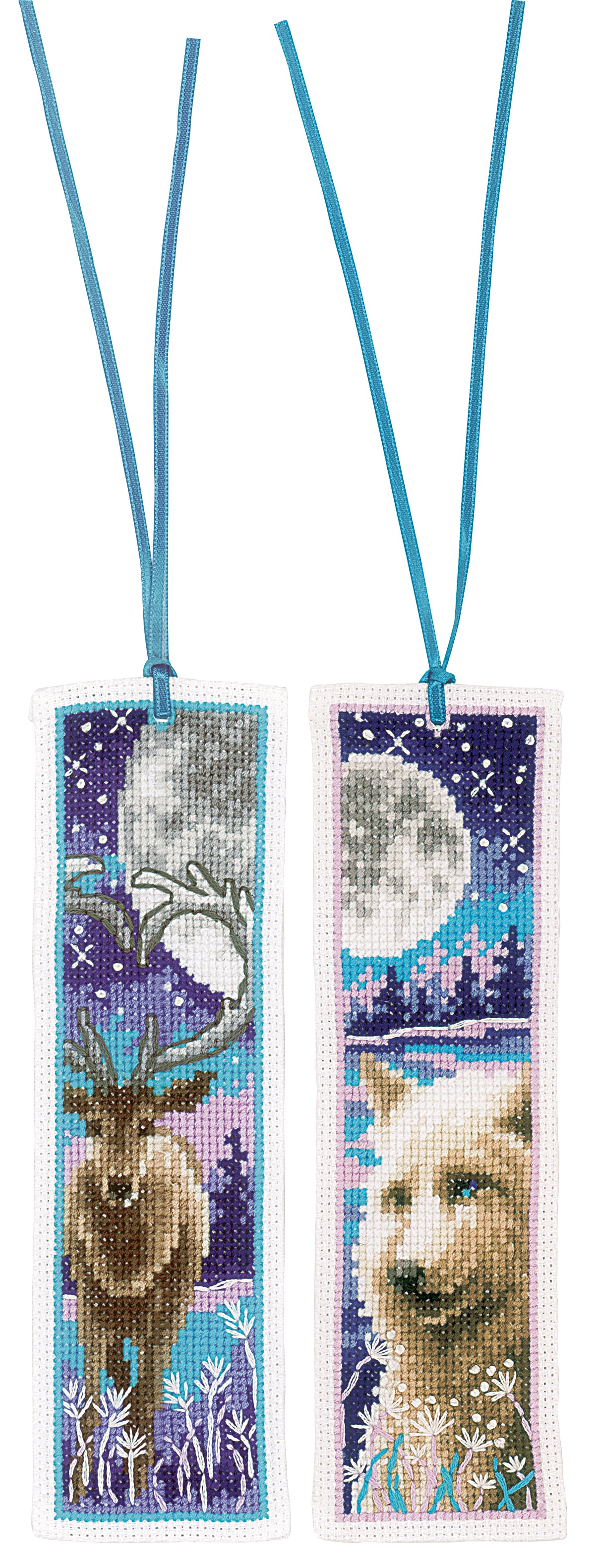 Two cross stitched bookmarks with a wolf and deer with moon design