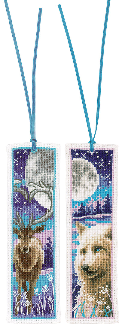 Two cross stitched bookmarks with a wolf and deer with moon design