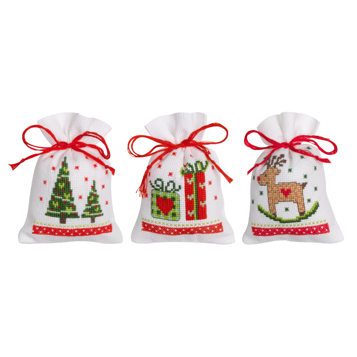 Small cross stitched gift bags with a Christmas figures design