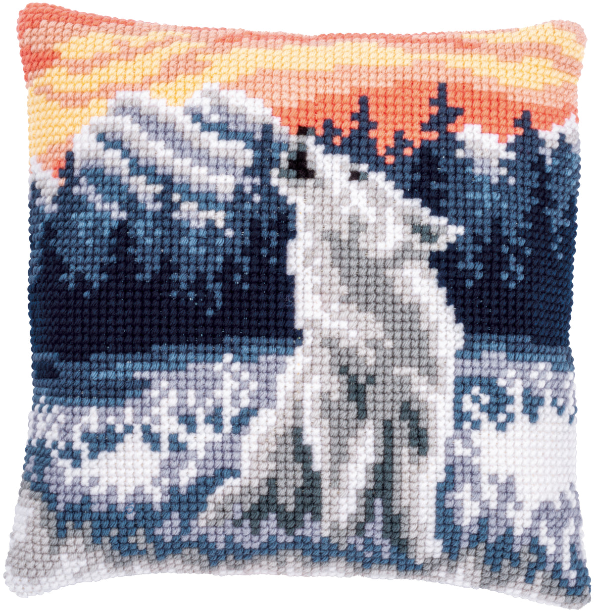 Cross stitch cushion with a wolf in winter design