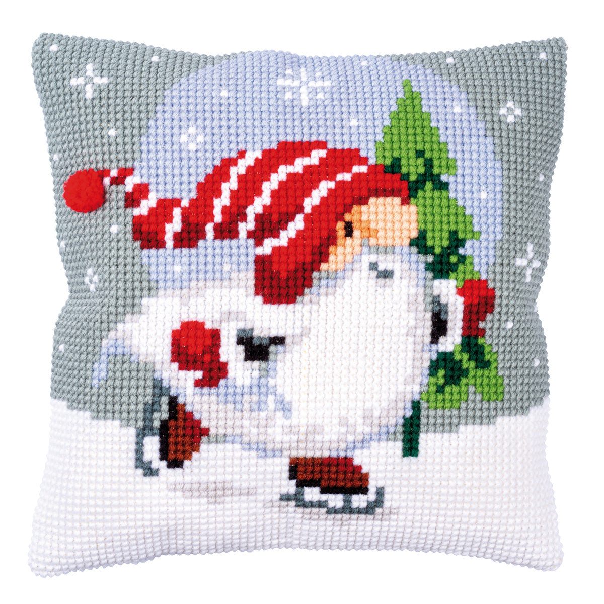 Cross stitch cushion with a Christmas gnome on ice design
