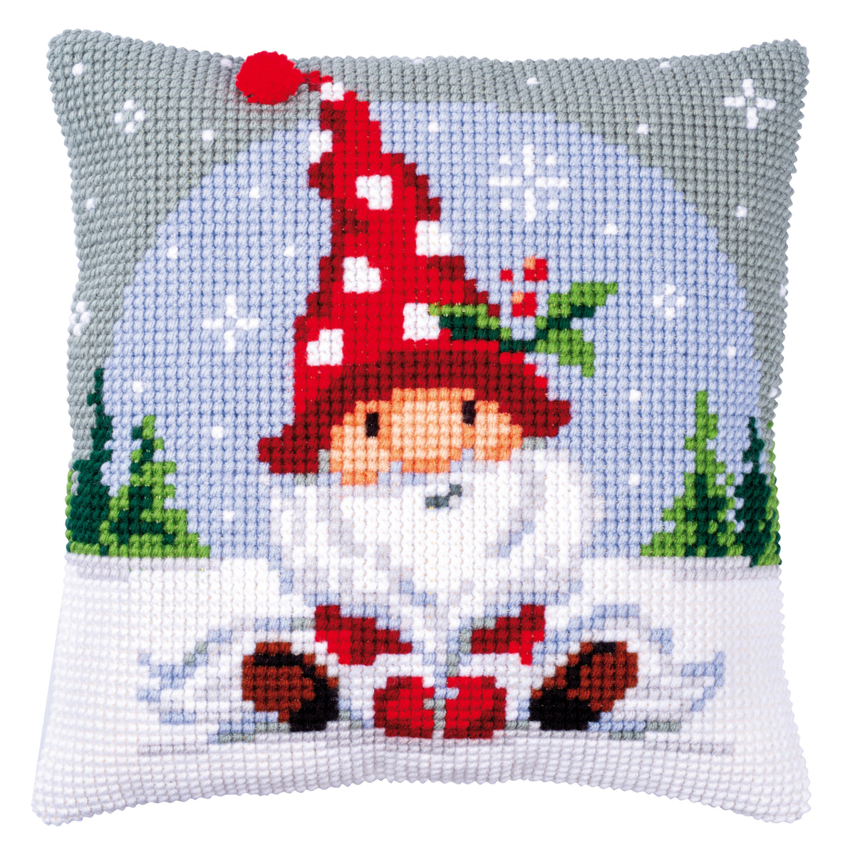 Cross stitch cushion with a Christmas gnome in snow design