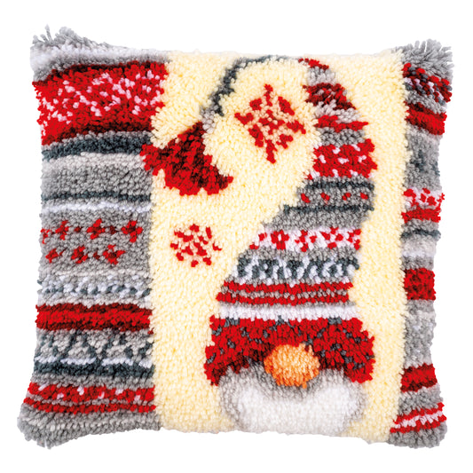 Latch hook cushion showing a christmas elf design