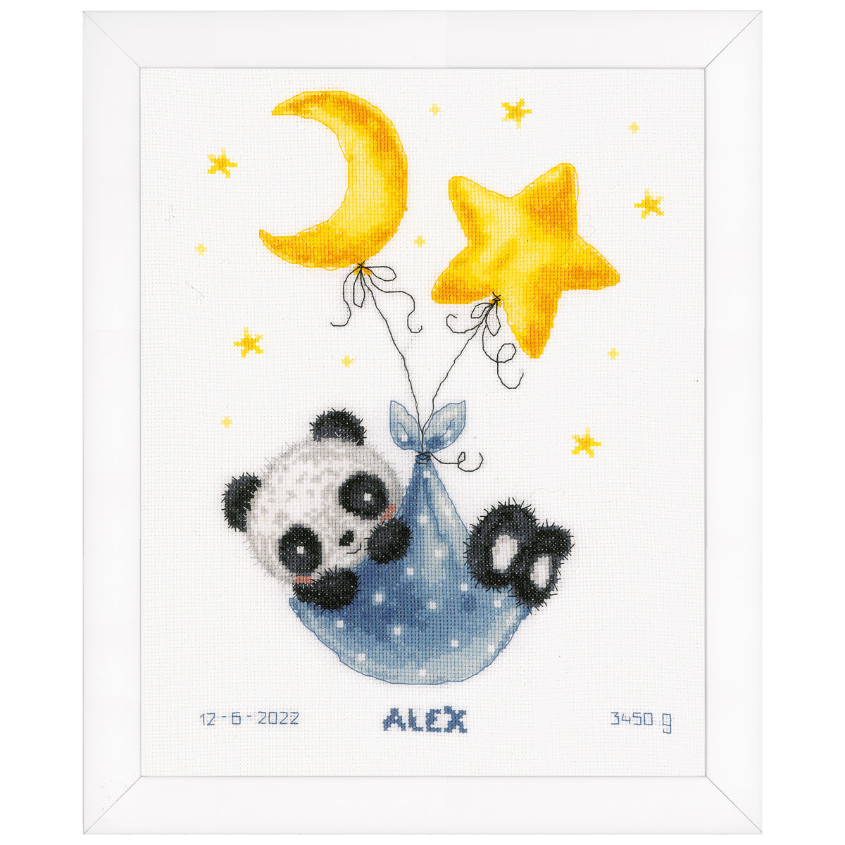 Cross stitched birth record with a sleeping panda bear