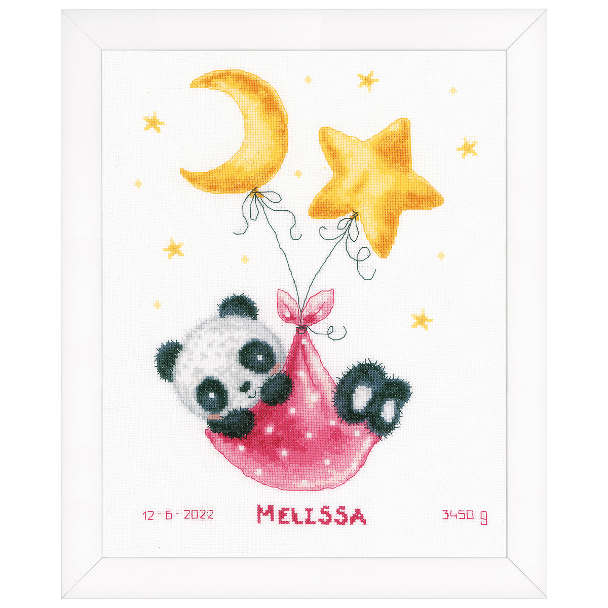 Cross stitched birth record with a sleeping panda bear