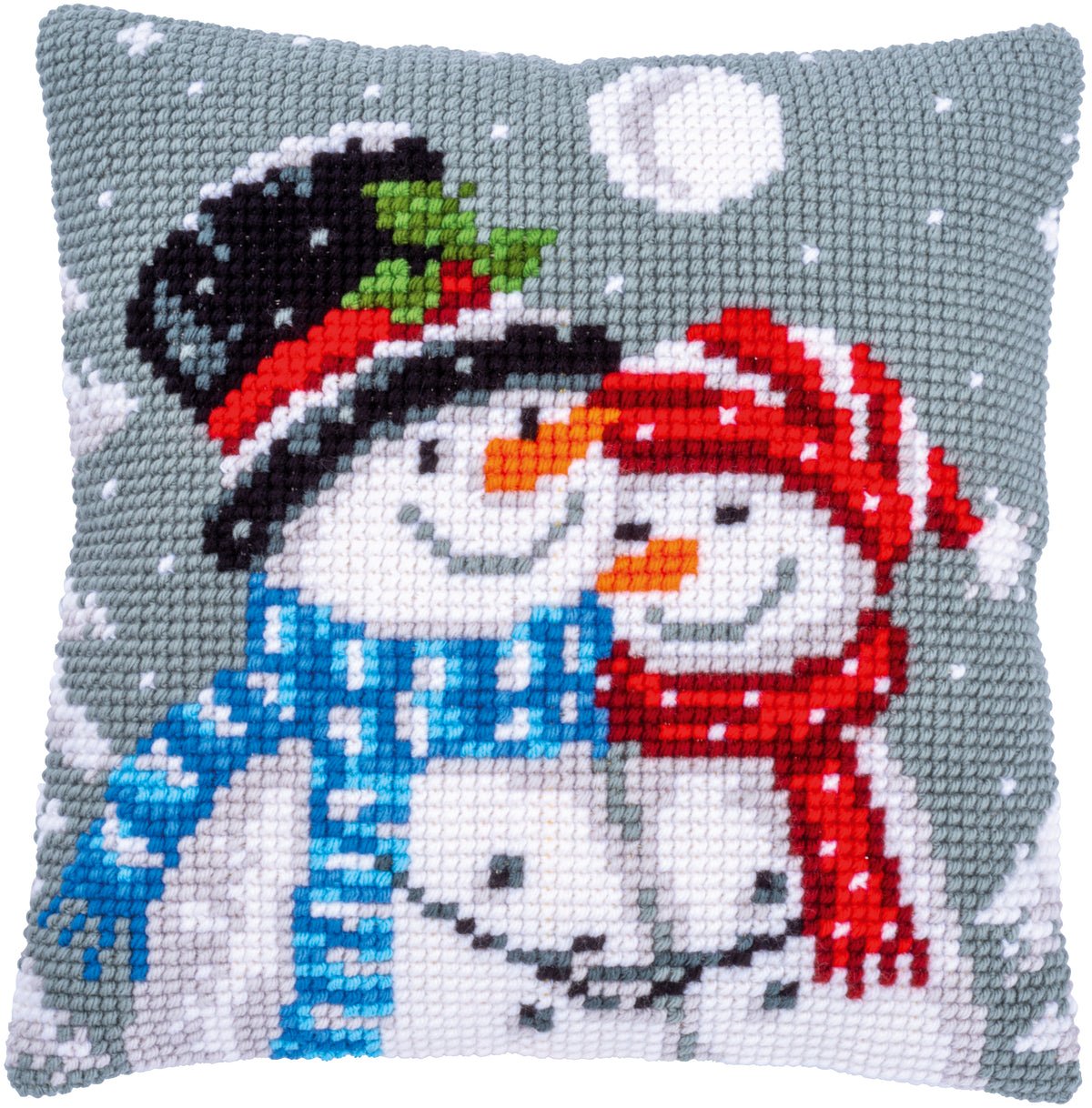 Cross stitched cushion with a snowmen design
