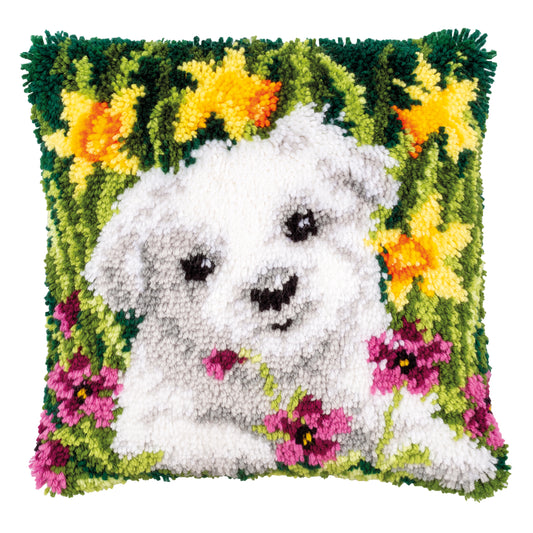 Latch hook cushion showing a westie in daffodils design