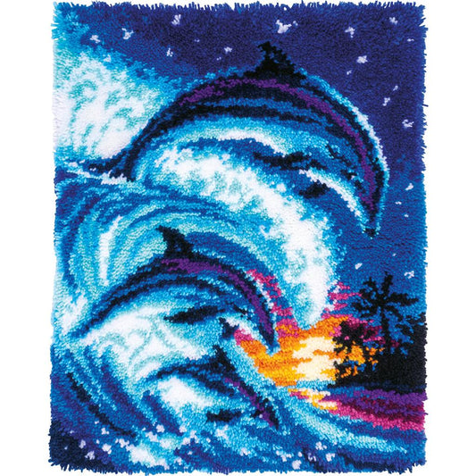Latch hook rug with dolphins in a tropical sea