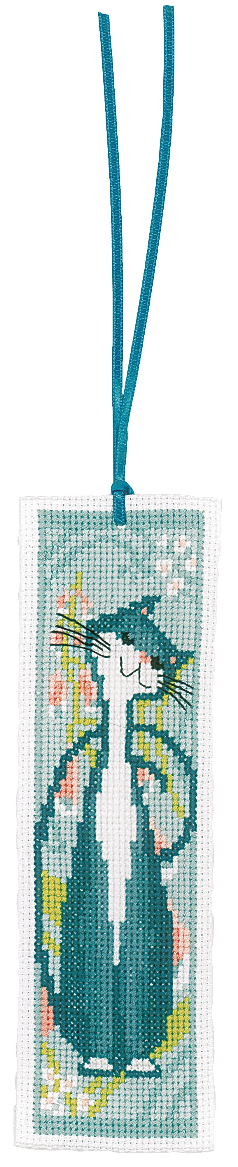 Two cross stitch bookmarks with cats and flowers