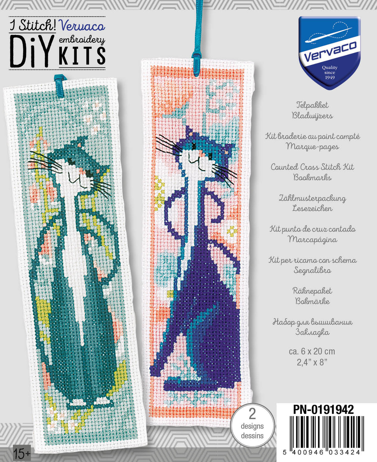Two cross stitch bookmarks with cats and flowers