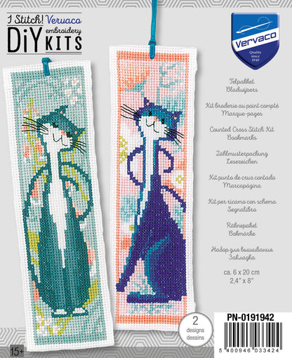 Two cross stitch bookmarks with cats and flowers