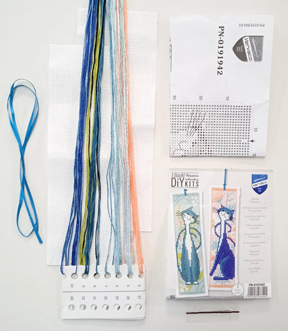 Two cross stitch bookmarks with cats and flowers