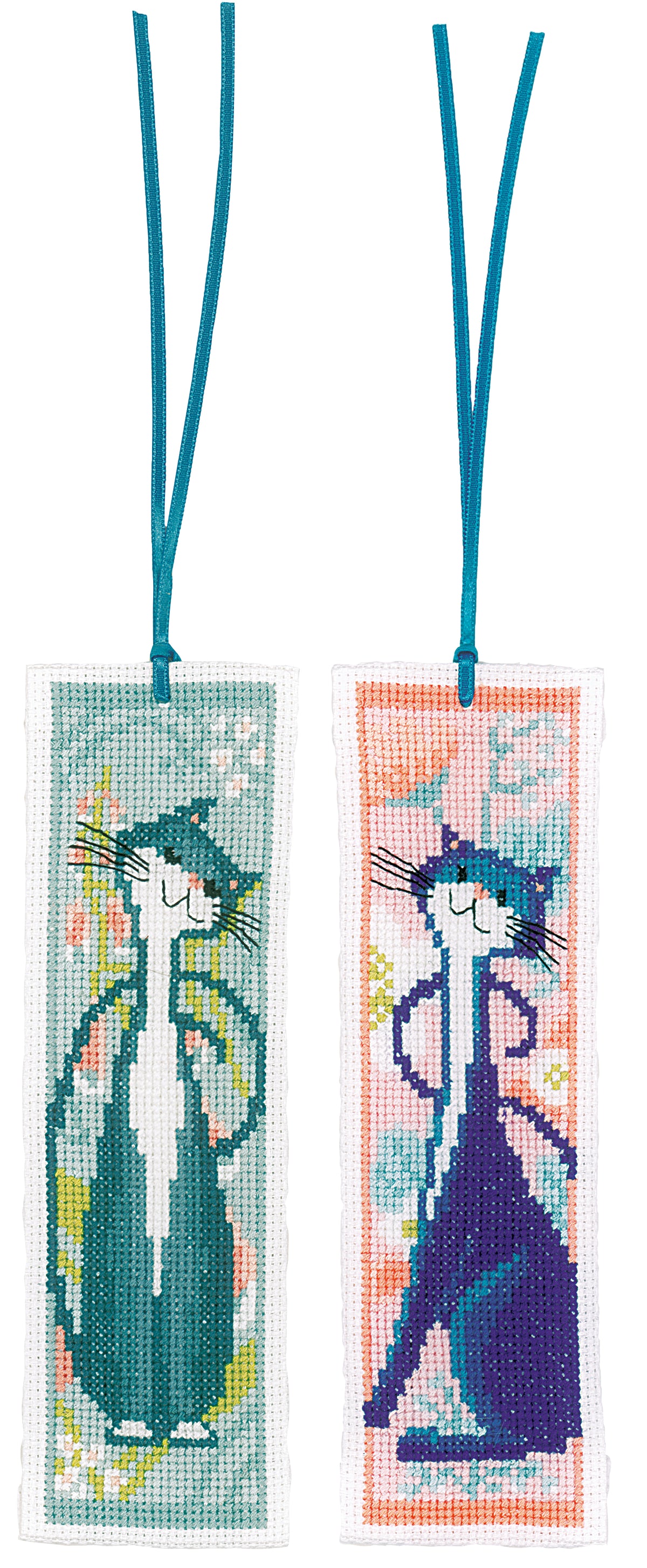 Two cross stitch bookmarks with cats and flowers