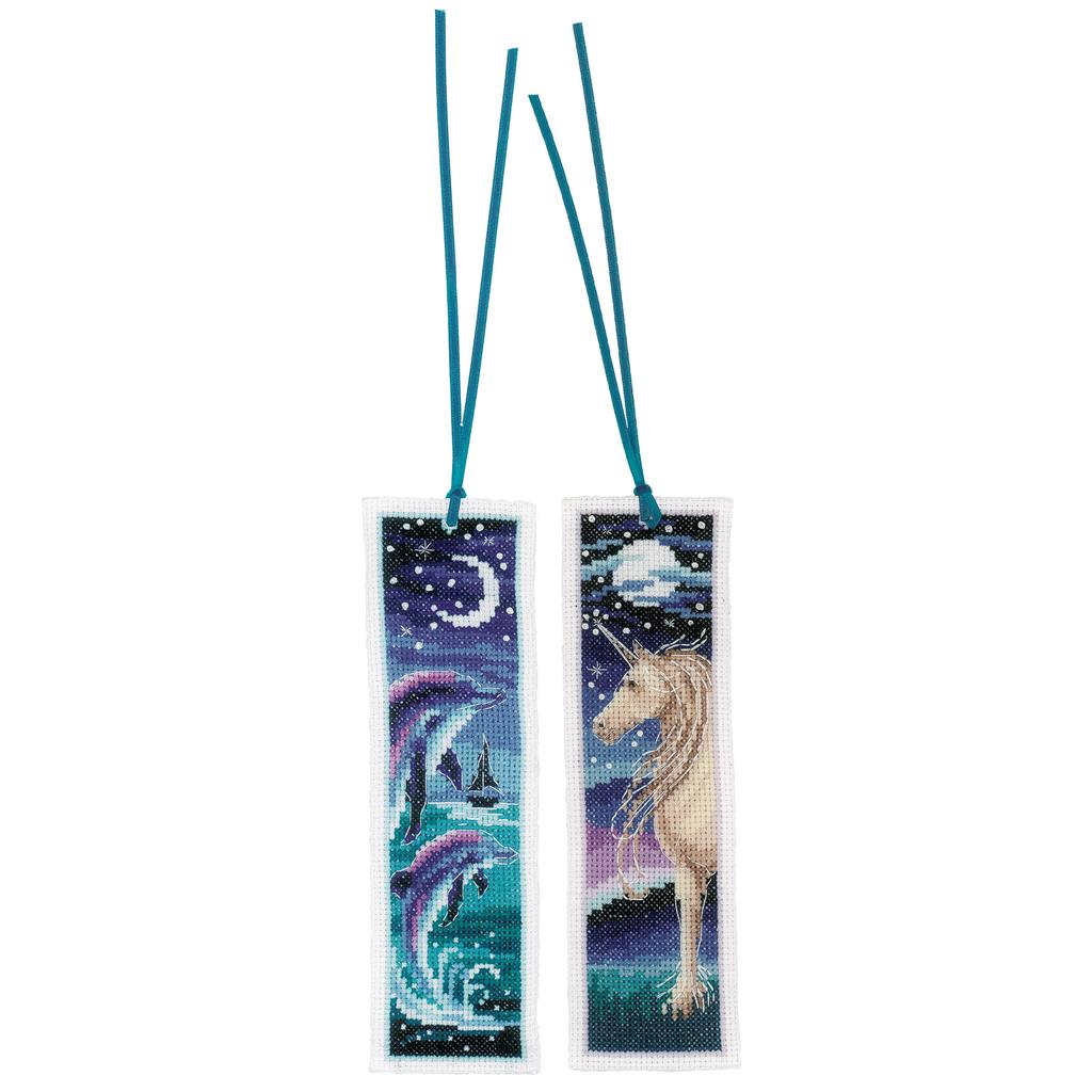 Two cross stitch bookmarks showing a dolphin and a unicorn