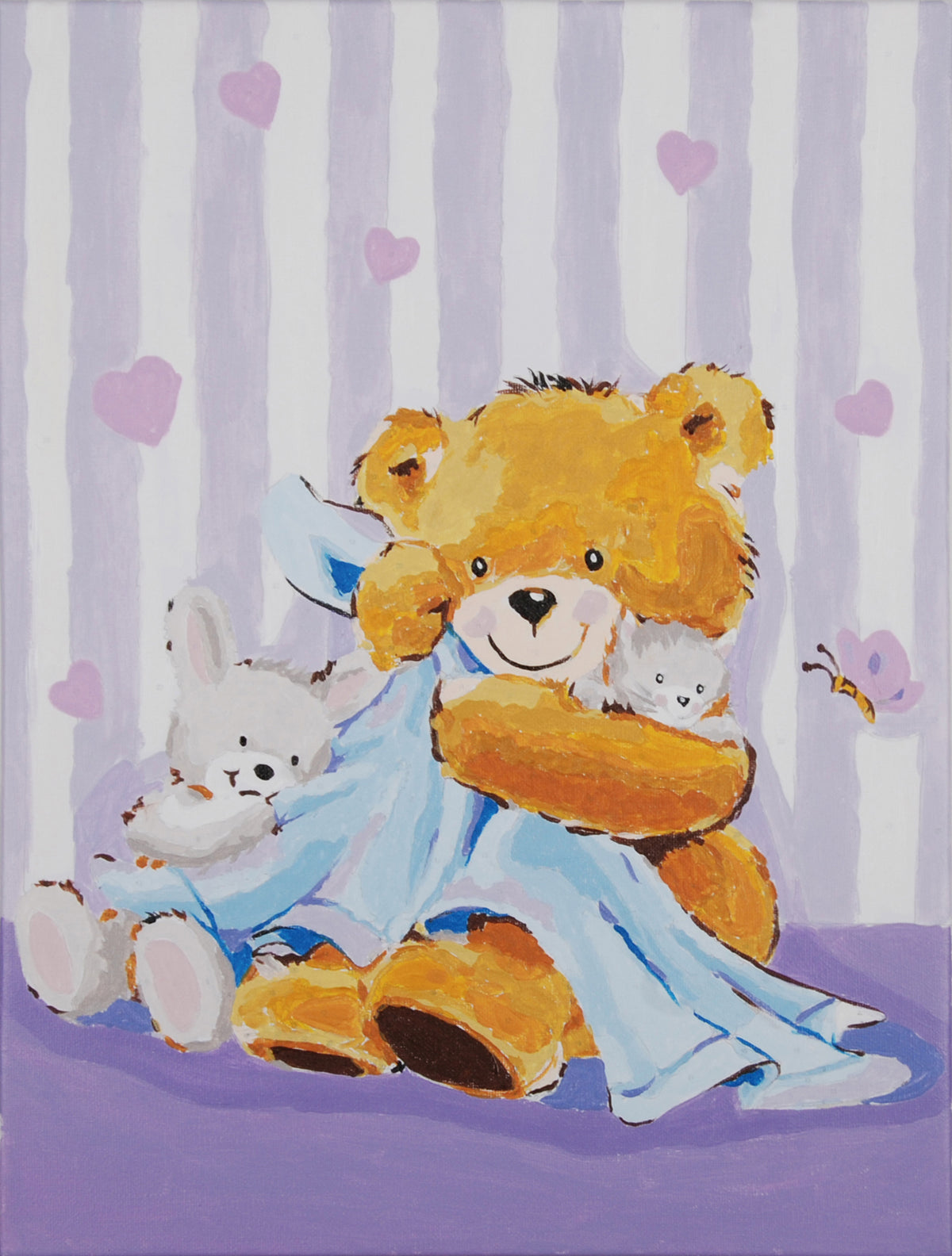 Painting of a bear wrapped in a blanket