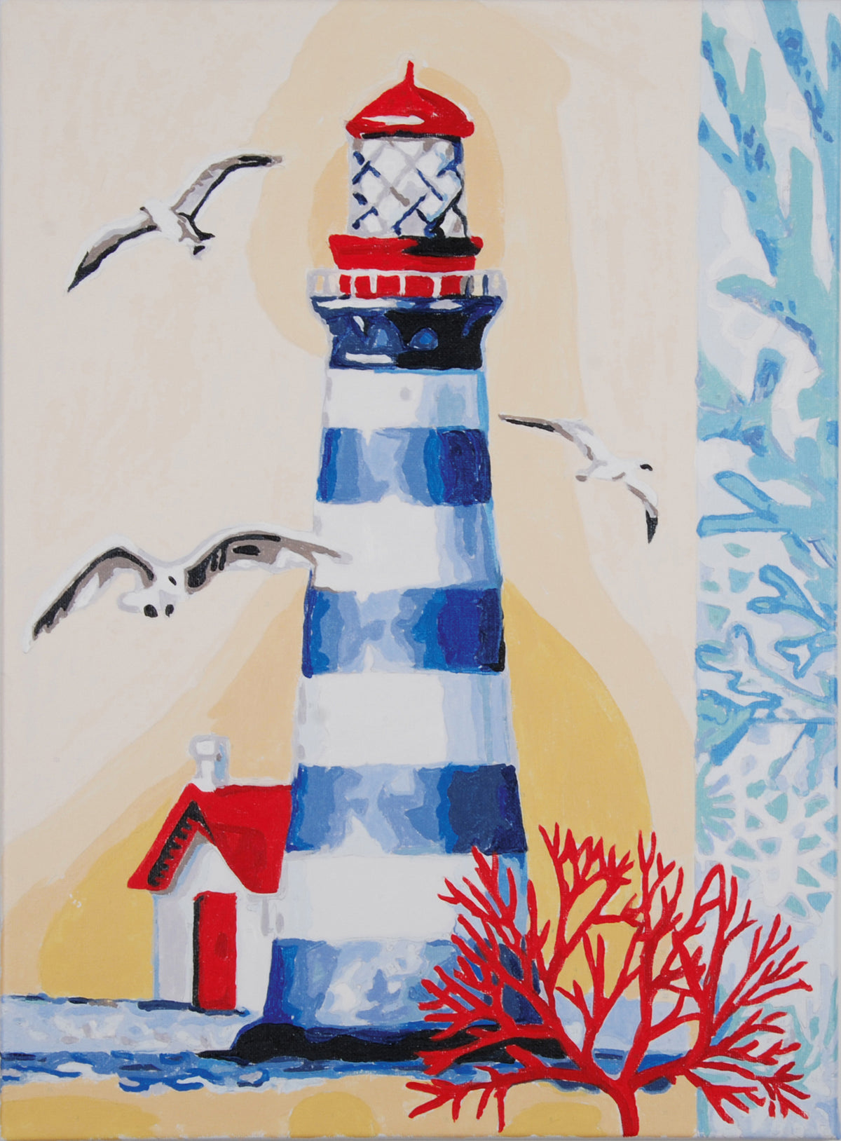 Painting of a lighthouse by the sea
