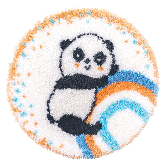 Shaped latch hook rug of a panda on a rainbow