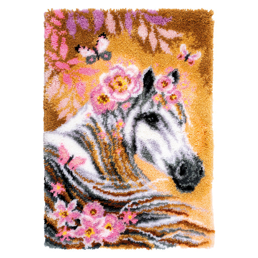 Latch hook rug of a horse surrounded by flowers