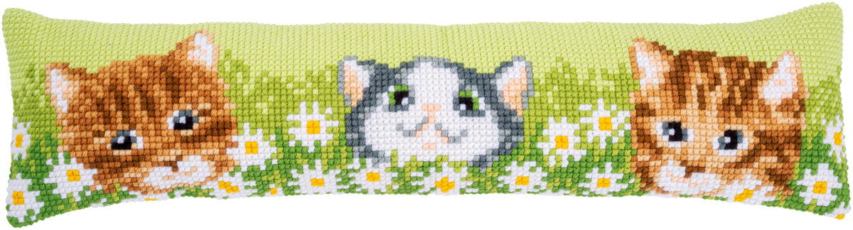 Cross stitch draught excluder with cats and daisies