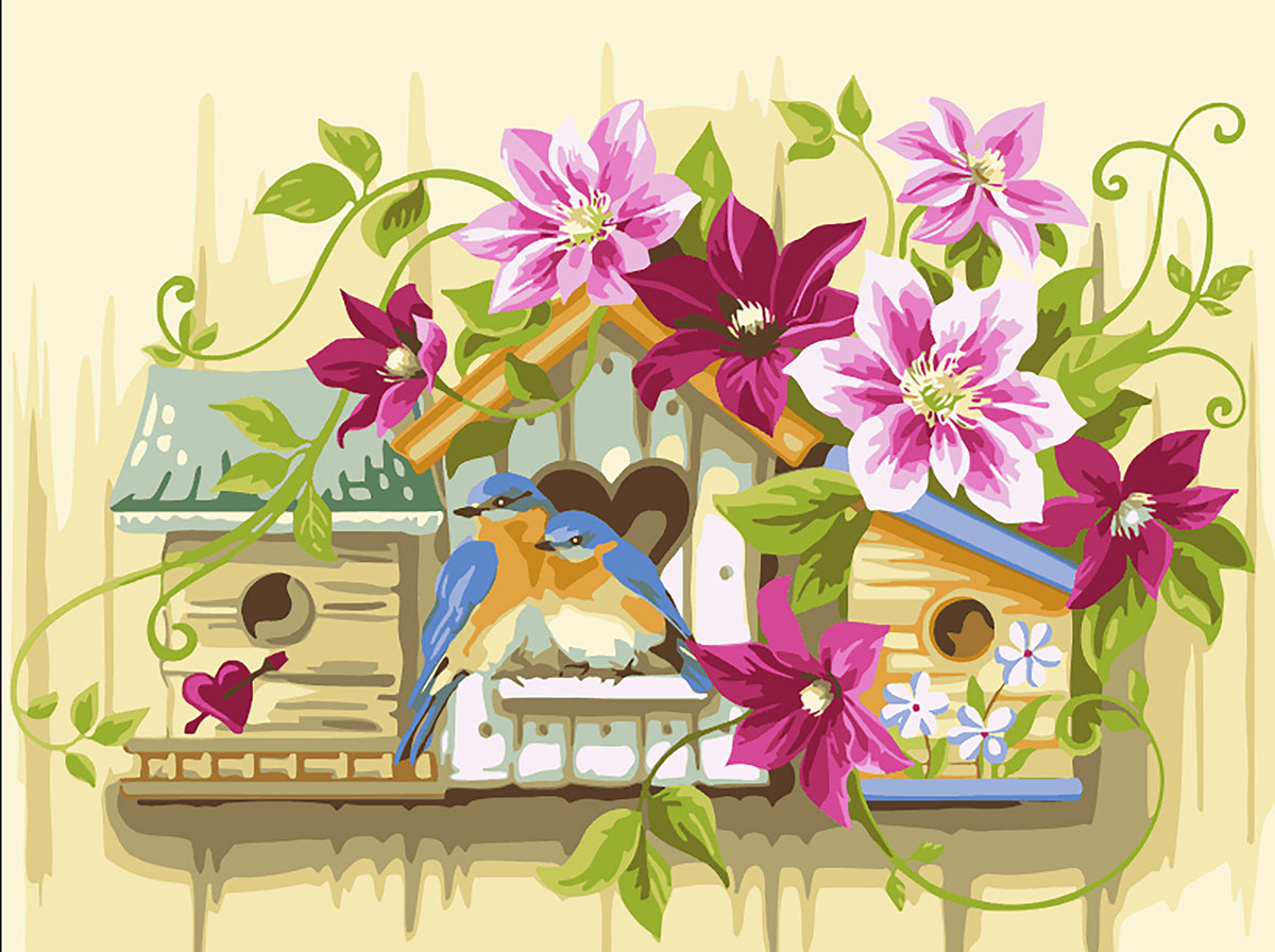 Finished Vervaco paint by numbers picture of little birdhouses