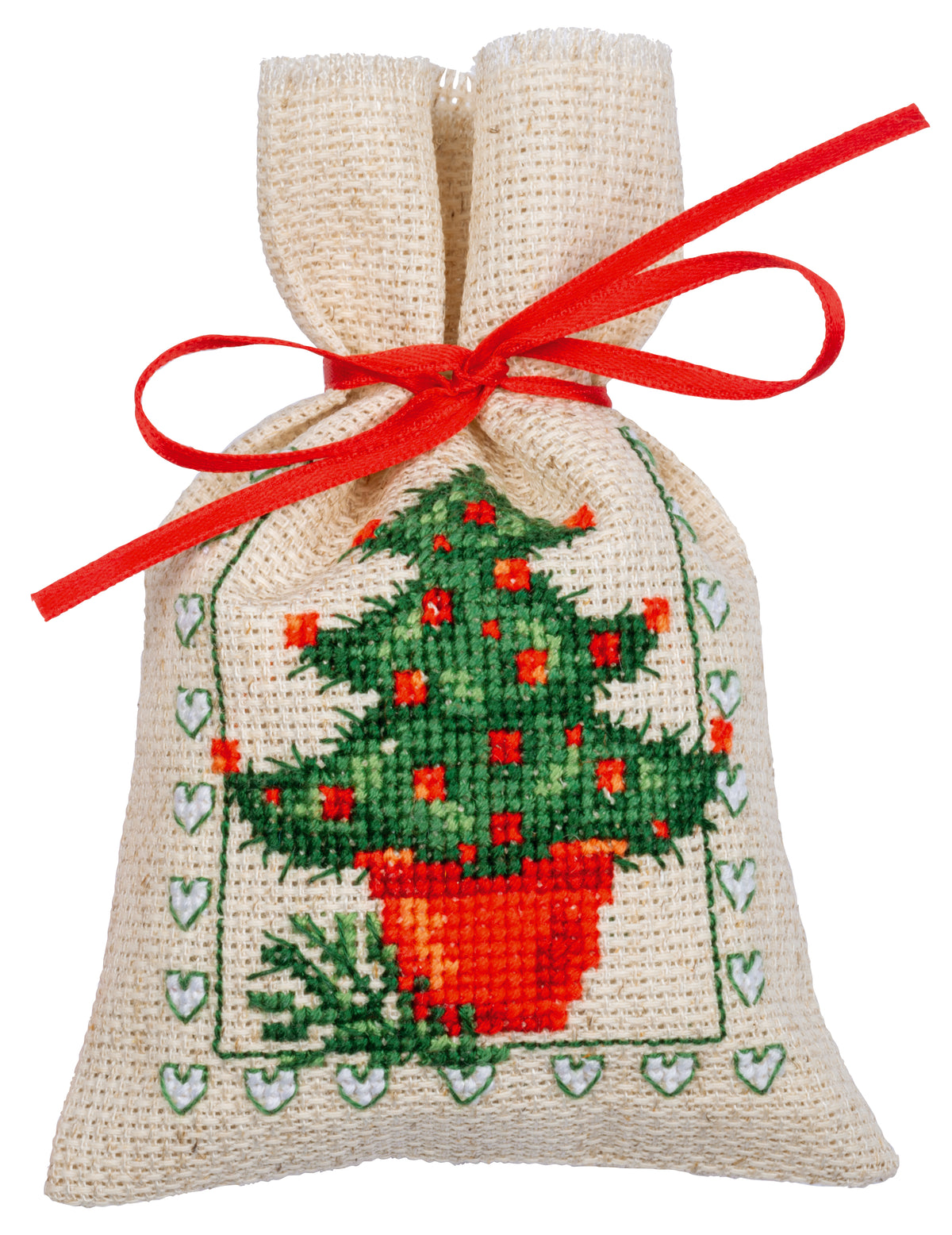 Three cross stitched Christmas gift bags tied with ribbon
