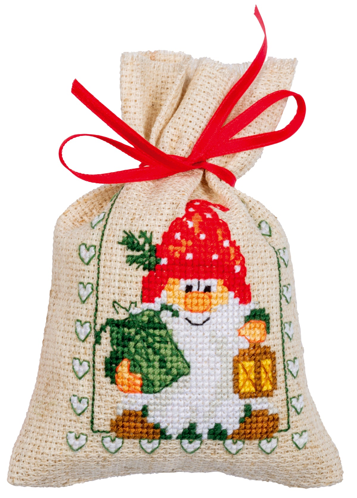 Three cross stitched Christmas gift bags tied with ribbon