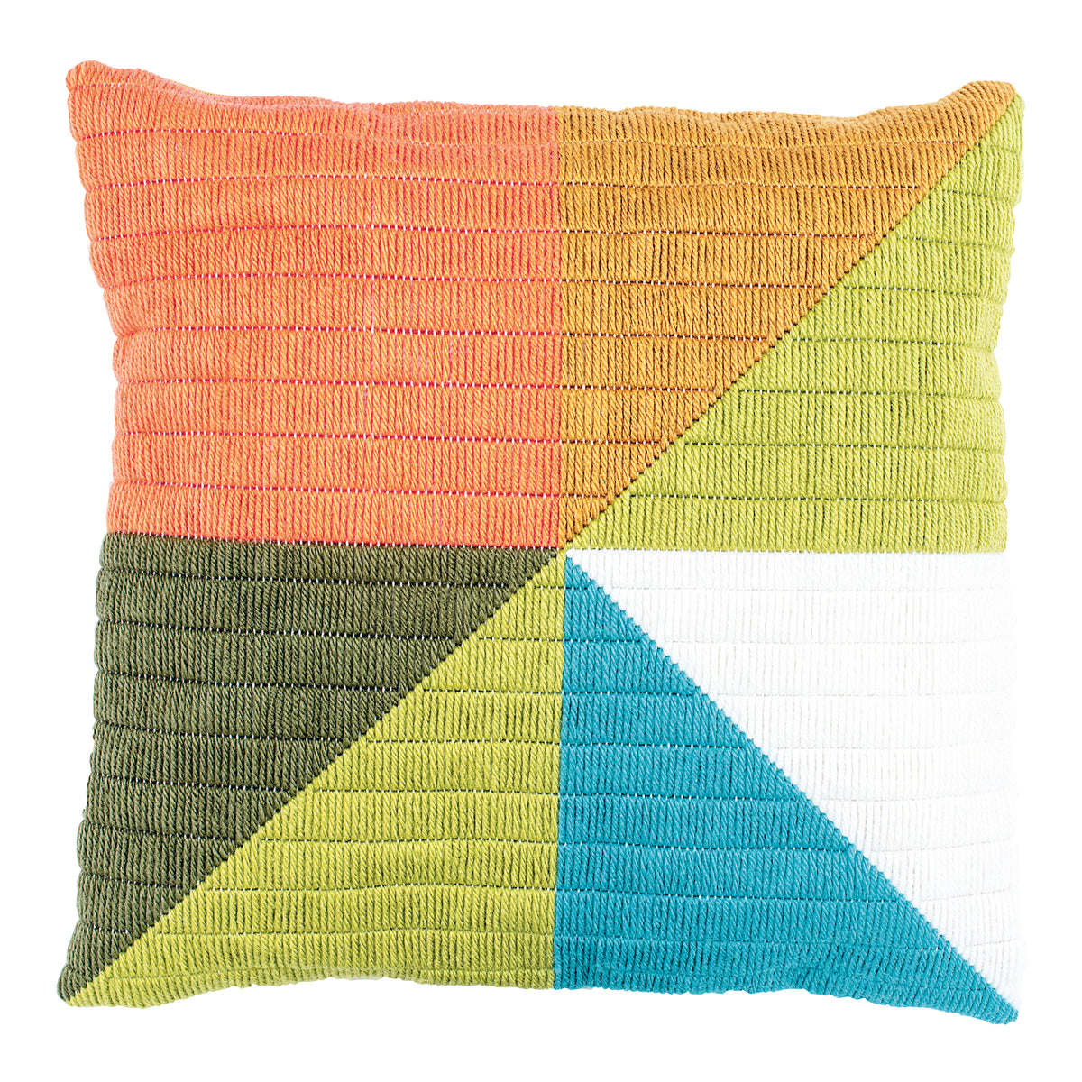 Finished Vervaco long stitch cushion with coloured triangles