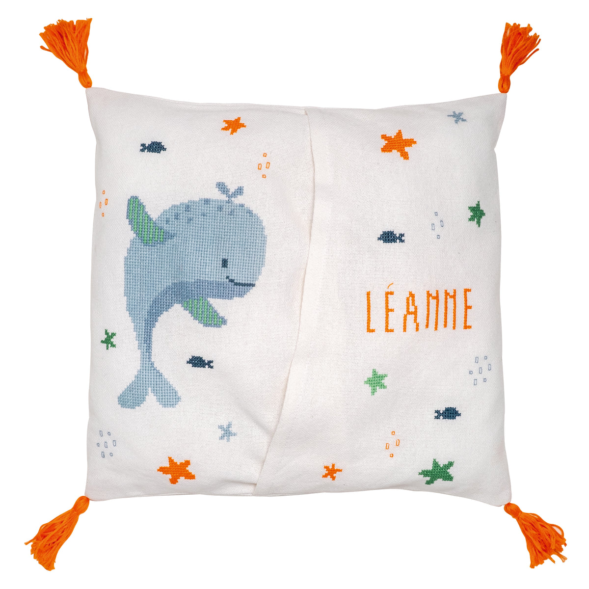 Cross stitched pyjama bag with cartoon whales
