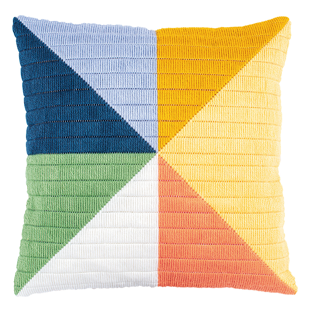 Finished Vervaco long stitch cushion with coloured triangles