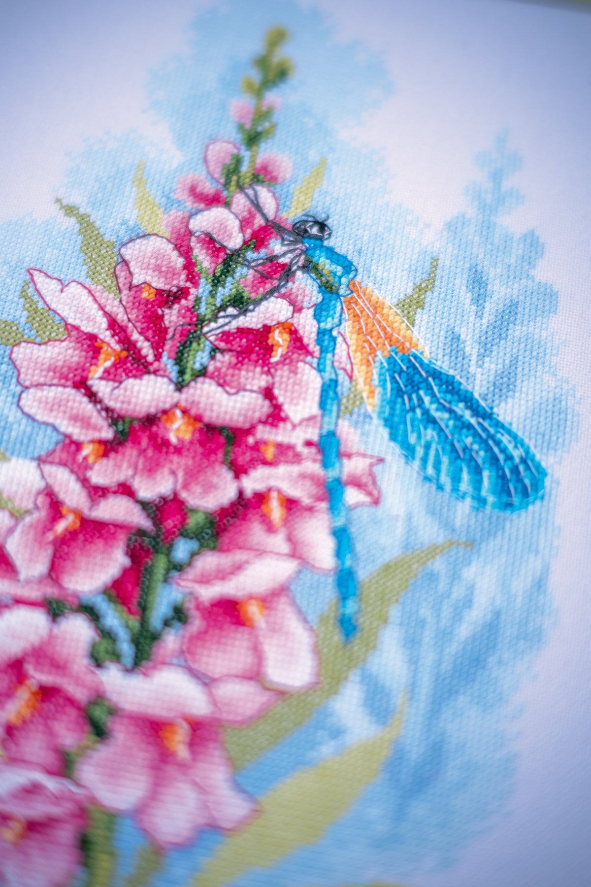 Finished Lanarte cross stitch of a dragonfly