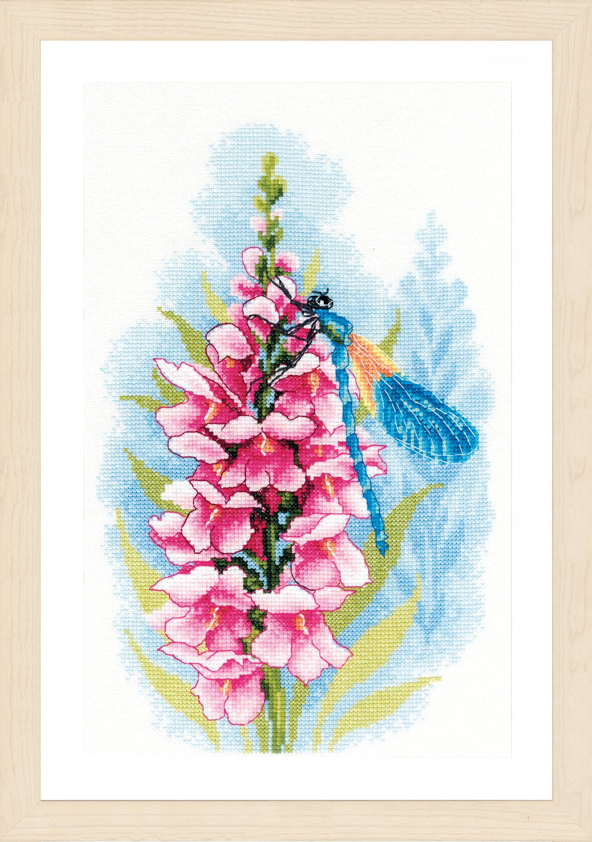 Finished Lanarte cross stitch of a dragonfly