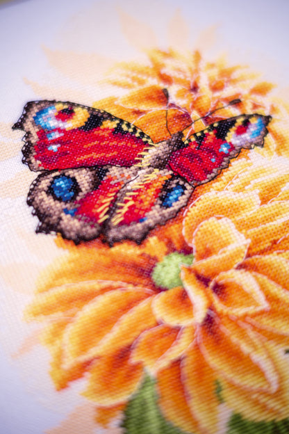 Finished Lanarte cross stitch of a butterfly