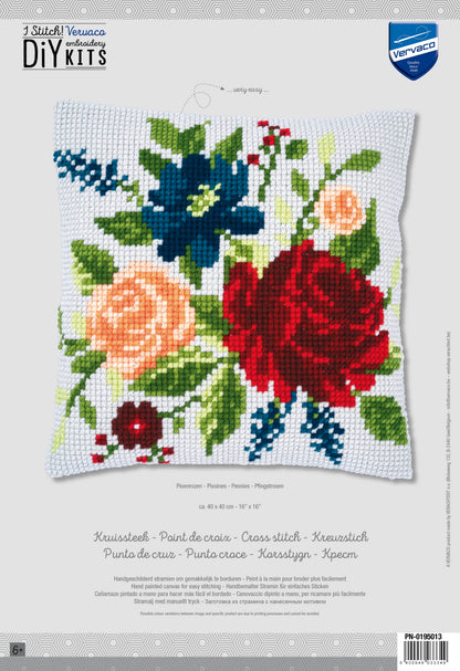 Finished Vervaco cross stitch cushion with peonies