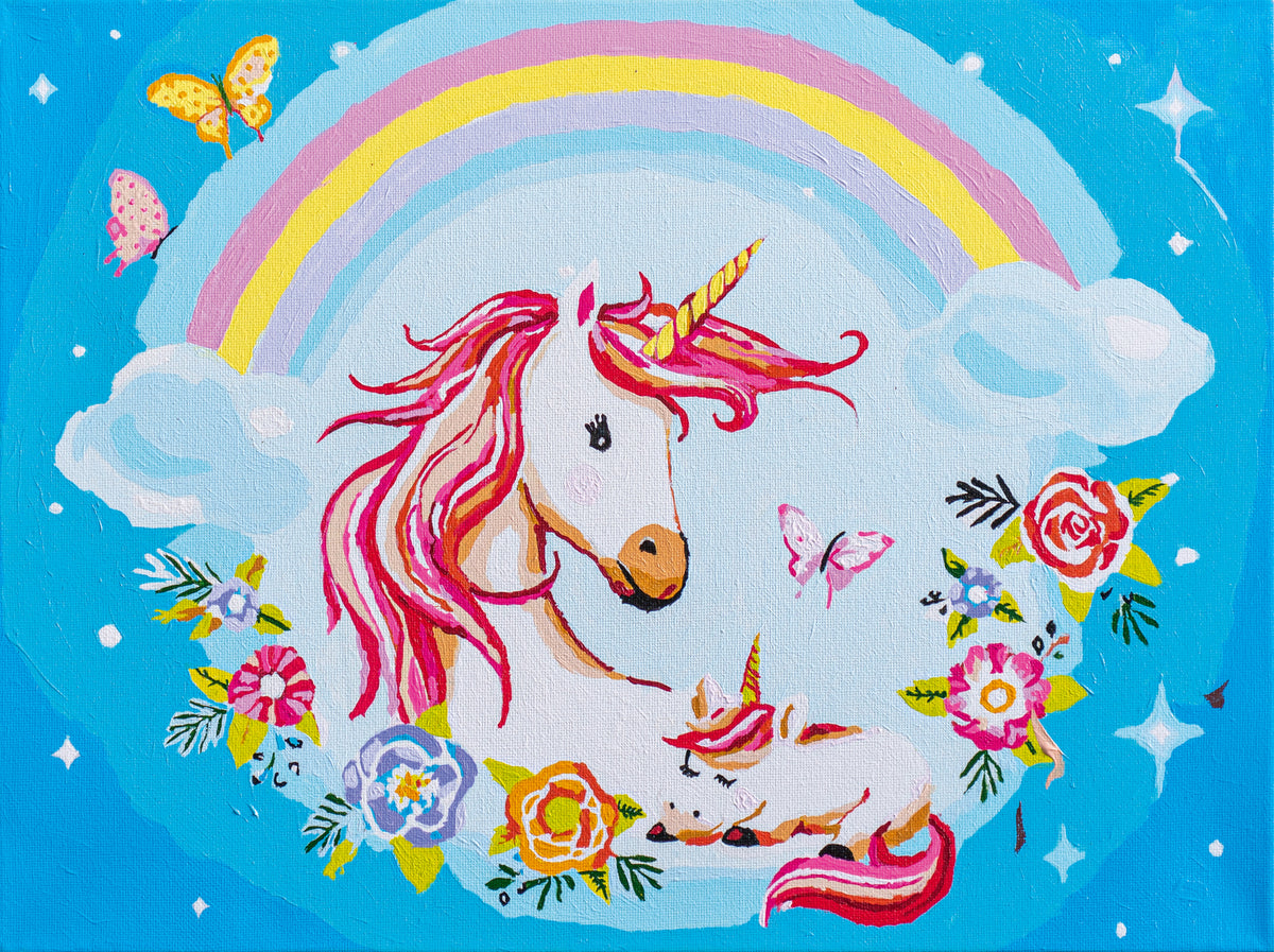 Finished paint by numbers picture of a mother and baby unicorn
