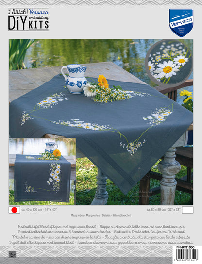 Grey table runner embroidered with white daisies