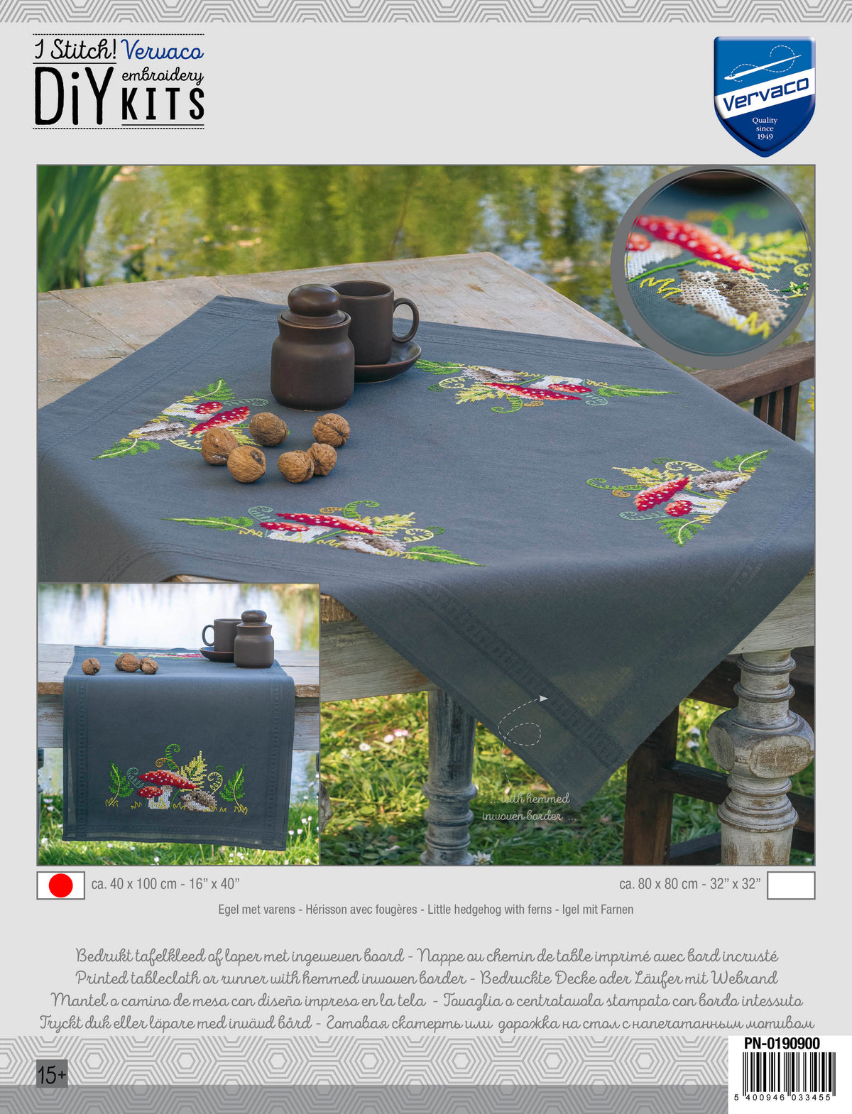 Grey table runner embroidered with a hedgehog and ferns