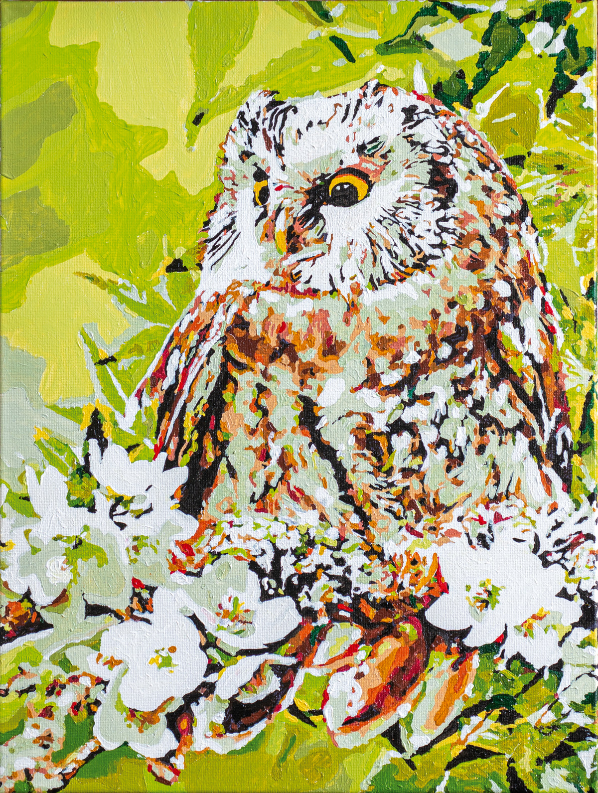 Painted picture of an owl and a gnome